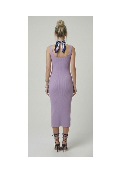 Neden Tekstil Premium Fit Kare Yaka Fitilli Triko Midi Elbise - Lila
