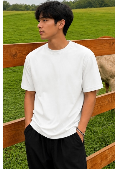 Tarz Cool Erkek Regular Fit Bisiklet Yaka Basic Tişört 2 İplik Şardonsuz %100 Pamuk Günlük Rahat T-shirt Beyaz