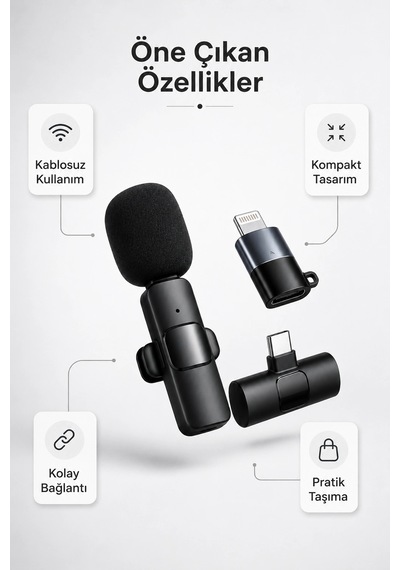 Kablosuz Yaka Mikrofonu Type-c Ve Lightning Uyumlu Şarjlı Klipsli Ses Kayıt Mikrofonu