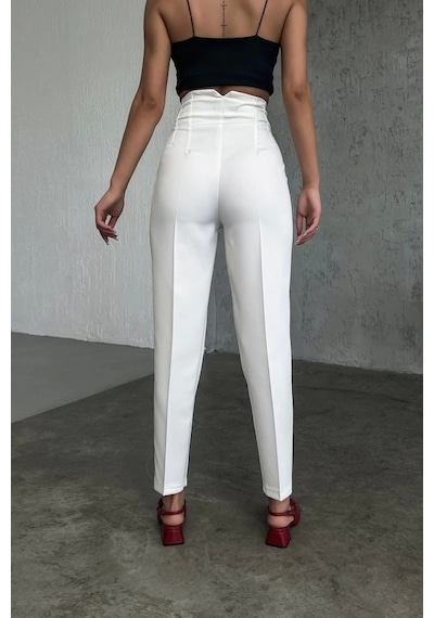Defymoda Yüksek Bel Pensli Pantolon Beyaz