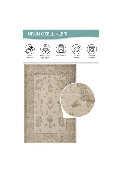 Artloop Relic Bej Vintage Dokulu Klasik Desenli Dokuma Tabanlı Şönil Halı Al 514 Bej - Fildişi Krem