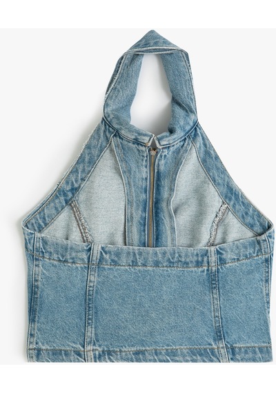 Koton Halter Yaka Denim Crop Top Fermuarlı Sırt Dekolteli Slim Fit Açık İndigo 4sal30034md Koton Halter Yaka Denim Crop Top Fermuarlı Sırt Dekolteli Slim Fit Açık İndigo 4sal30034md