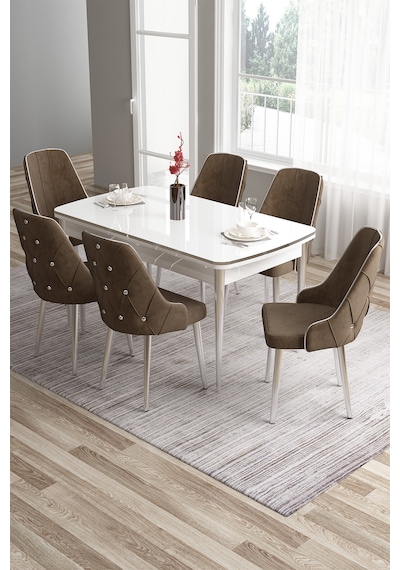 Canisa Tia Serisi 80x132 Açılabilir Mdf Mutfak Masası Takımı Beyaz Masa Krom Detay 6 Kahverengi Sandalye Masa Beyaz Sandalye Kahve Canisa Tia Serisi 80x132 Açılabilir Mdf Mutfak Masası Takımı Beyaz Masa Krom Detay 6 Kahverengi Sandalye Masa Beyaz Sandalye Kahve