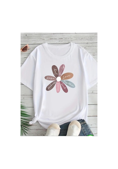 Medinenur Hope You Desen Baskılı Basic T-shirt Beyaz