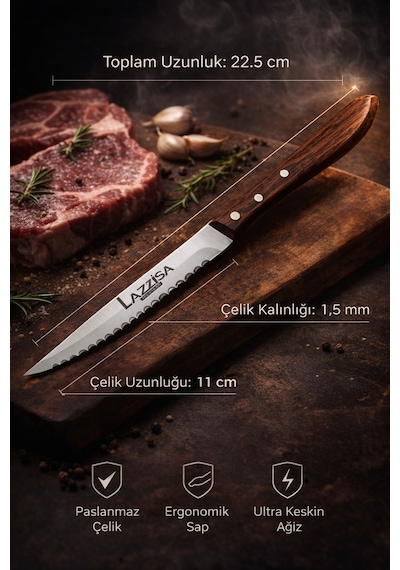 Lazbisa Mtf-058 Hand Craft Serisi Setak Et Bıçağı 6 Lı Mutfak Bıçak Restoran Et Steak Bıçak Ahşap