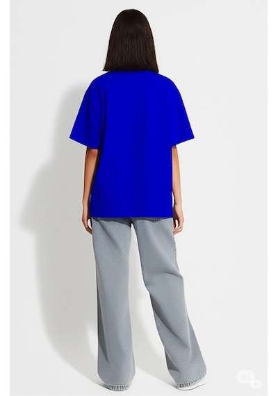 Oversize Tişört Kadın "nevermınd" Baskılı Geniş Kalıp T-shirt U Lacivert