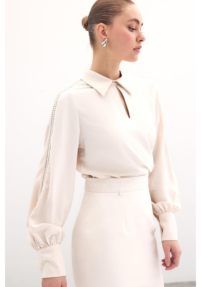 Sateen Kolları İnci Detaylı Bluz - Bej-134782 Bej