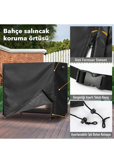 Bahçe Salıncak Koruma Örtüsü Üç Kişilik Tenteli Hamak Bahçe Salıncağı Koruma Kılıfı Su Geçirmez Branda Dayanıklı 210x125x170cm Siyah