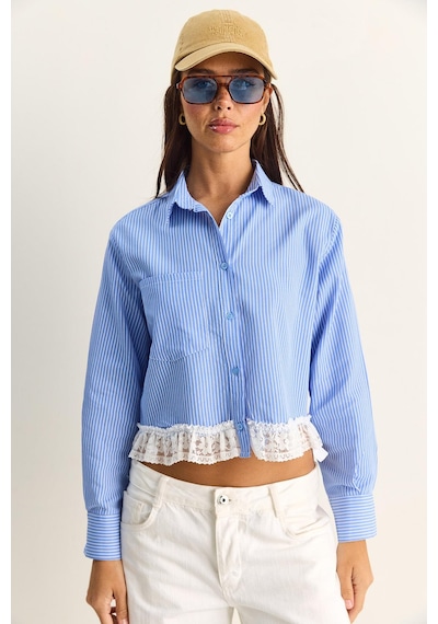 Shade Kadın Dantel Detaylı Çizgili Poplin Crop Gömlek Dg261023 60286099 - Mavi