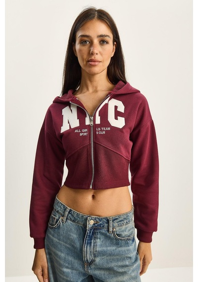 Shade Kadın Nyc Nakışlı Üç İplik Şardonlu Kapüşonlu Crop Hırka 6942 60283794 - Bordo