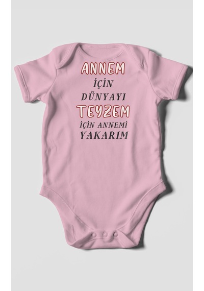 Annem İçin Dünyayı Teyzem İçin Annemi Yakarım Baskılı Bebek Zıbını %100 Pamuk Kısa Kol Koyu Pembe
