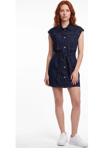 CEMO Kadın Kemerli Denim Mini Gömlek Elbise Lacivert