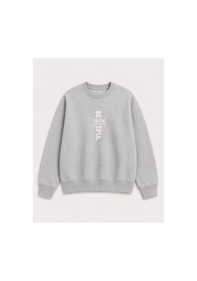 Herkesemoda Beatiful Yazılı Baskı Detaylı Şardonlu 2 İplik Bisiklet Yaka Sweatshirt Gri