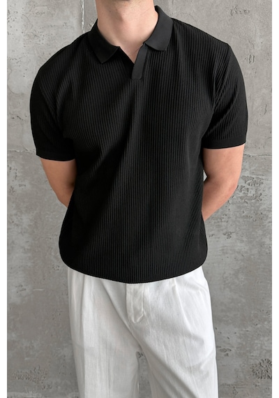 Erkek Petek Desen Polo Yaka Triko T-shirt Siyah