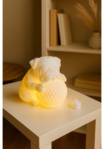 Bulldog Tasarımlı 3d Dekoratif Masa Lambası, Estetik Çocuk Odası Gece Lambası, Tealight 25 X 25 Cm Beyaz