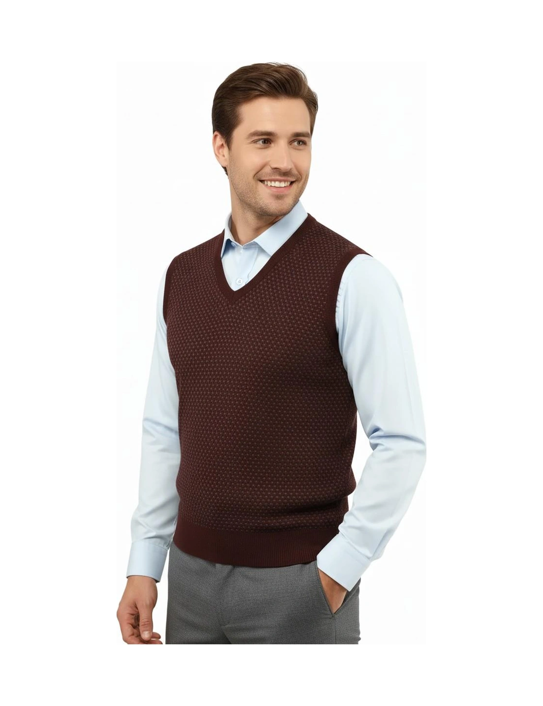 Çizgi Triko Erkek V Yaka Süveter Çelik Örgü Regular Kalıp 5201h Bgl-st04842 Bordo