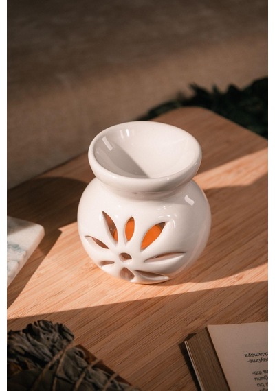 Lotus Desenli Seramik El Yapımı Beyaz Buhurdanlık-3214