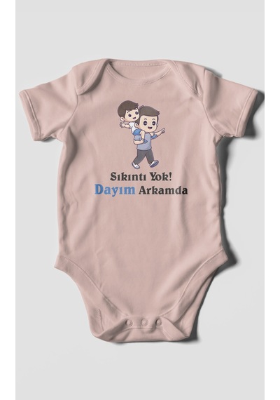 Sıkıntı Yok Dayım Arkamda Baskılı Bebek Zıbını Çıtçıtlı Body %100 Pamuk Kısa Kol Pastel Pembe