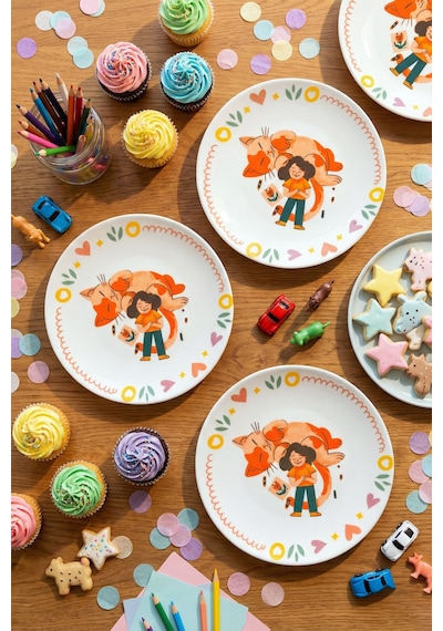 Grandora Sevimli Kedi & Çocuk Figürlü 6'lı 20 Cm Çocuk Desenli Pasta Tatlı Tabağı Seti, Çocuk Tabağı Çok Renkli