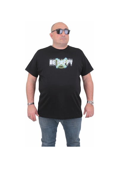 Moc Grande Mocgrande Erkek Büyük Beden Sıfır Yaka Tişört Be Happy 24131 Sıyah-Sıyah Siyah