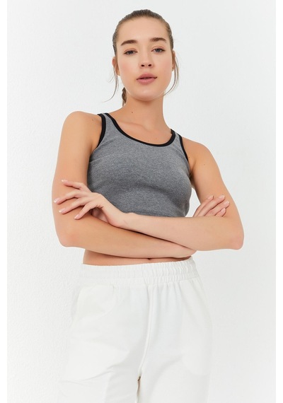 Tommy Life Gri Melanj Basic Sıfır Kol Dar Kalıp U Yaka Kadın Crop Top Atlet - 97162 Gri Melanj