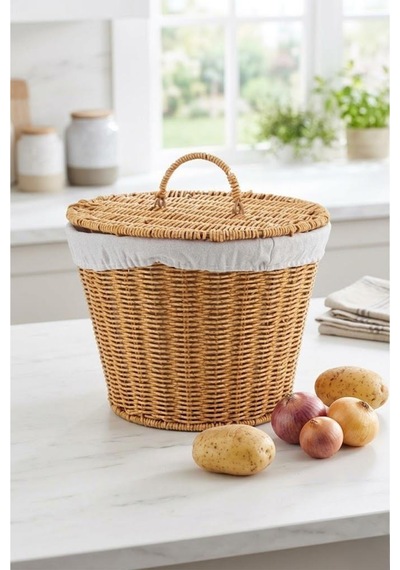 Atbyhome Kapaklı Bezli Hasır Patates Soğan Sepeti - 28x23 Cm Mutfak Düzenleyici Kahverengi
