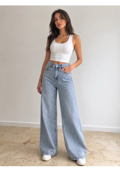 St.poll Christian 90's Açık Mavi Palazzo Salaş Paça Süper Yüksek Bel Jean Pantolon