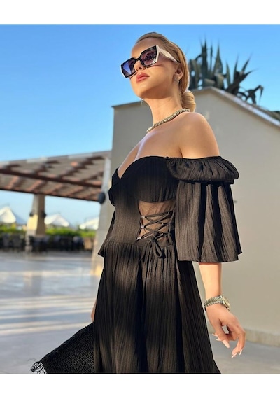 Fashion Cocktail Çift Bel Korseli Düşük Omuz Yarım Kollu Bohem Maxi Bilekte Uzun Tatil Elbisesi Siyah Fashion Cocktail Çift Bel Korseli Düşük Omuz Yarım Kollu Bohem Maxi Bilekte Uzun Tatil Elbisesi Siyah