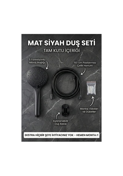 Mat Siyah Lüks Duş Seti - 4 Fonksiyonlu Masajlı Duş Başlığı + 150cm Hortum + Askı Tam Takım Siyah Diğer
