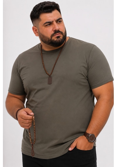 Yuvarlak Yaka Erkek Battal Düz Renk Pamuklu Basic Tshirt Haki