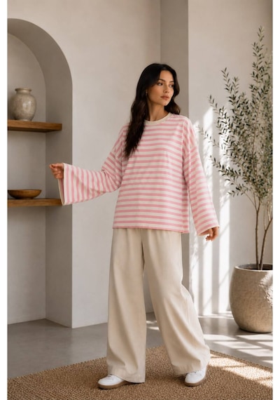 Herkesemoda Çizgili Waffle Kumaş Kadın Body Pembe