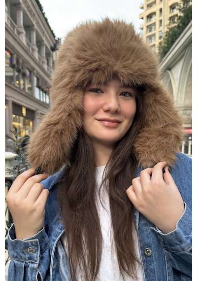 Mollycrush Camelpelüş Kürklü Genç Pilot Şapkası - Yumuşak Tüylü Kulaklı Ushanka Kahverengi
