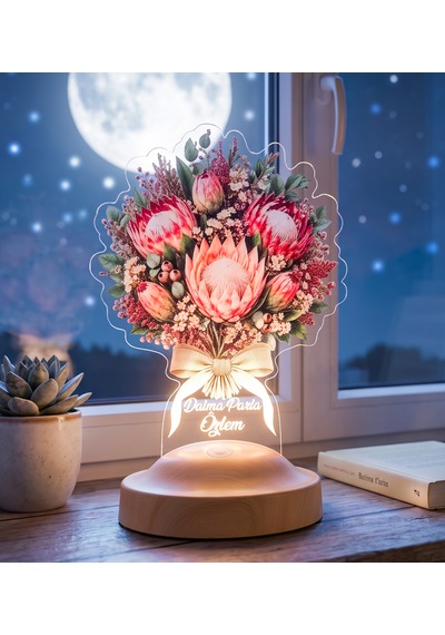 Pembe King Protea Çiçek Buketi Led Lamba, Doğum Günü Hediyesi, Şeker Çalısı Solmayan Çiçek Lambası
