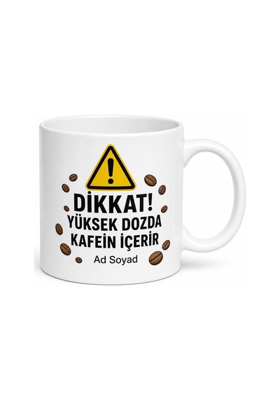 Dikkat Yüksek Dozda Kafein İçerir Esprili Çay Kahve Kupası Hediye Bardak Beyaz / Çok Renkli