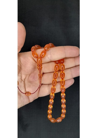 Sevgiliye Özel Hediye Ateş Kehribar Tesbih Pembe Renkli Beyzi Kesim H-1383.