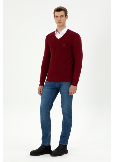 U.S. Polo Assn. Erkek Slim Fit V Yaka Bordo Basic Kazak 50288886-VR014