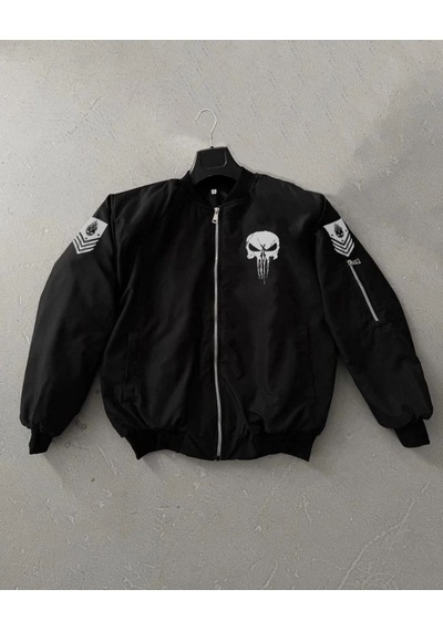 Mbb E-ticaret Erkek Siyah Askeri Tarz Bomber Mont Punisher Skull Detaylı Fermuarlı Cepli - Siyah