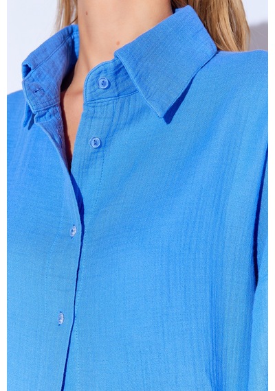 Manche Saks Kolları Salaş Yıkamalı Müslin Oversize Rahat Kalıp Kadın Basic Gömlek Mks166881-01 Manche Saks Kolları Salaş Yıkamalı Müslin Oversize Rahat Kalıp Kadın Basic Gömlek Mks166881-01