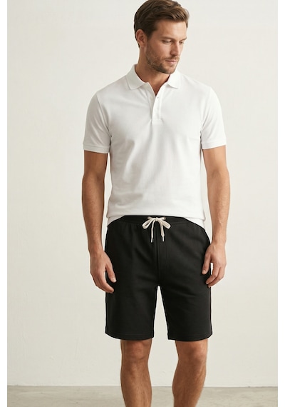 Elemge Pamuklu Erkek Siyah Casual Şort Yan Cepli Bağcıklı Regular Fit Boru Paça Günlük Bermuda 2 Iplik