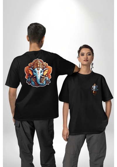 Hindu Fil Bereket Tanrısı Siyah Oversize Unisex Ön Ve Sırt Baskılı Tişört Siyah