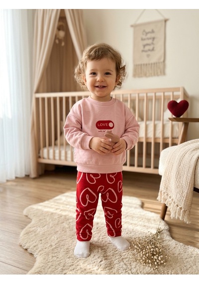 Bambık Pamuklu Kalp Desenli Kız Bebek Sweatshirt Pantolon Takımı Pembe
