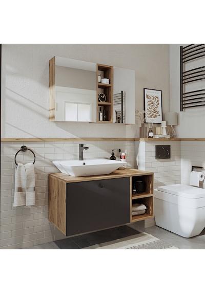 Lotus Lavabolu Mdf 95 Cm Çekmeceli Banyo Dolabı + Aynalı Dolap Atlantik Çam - Beyaz