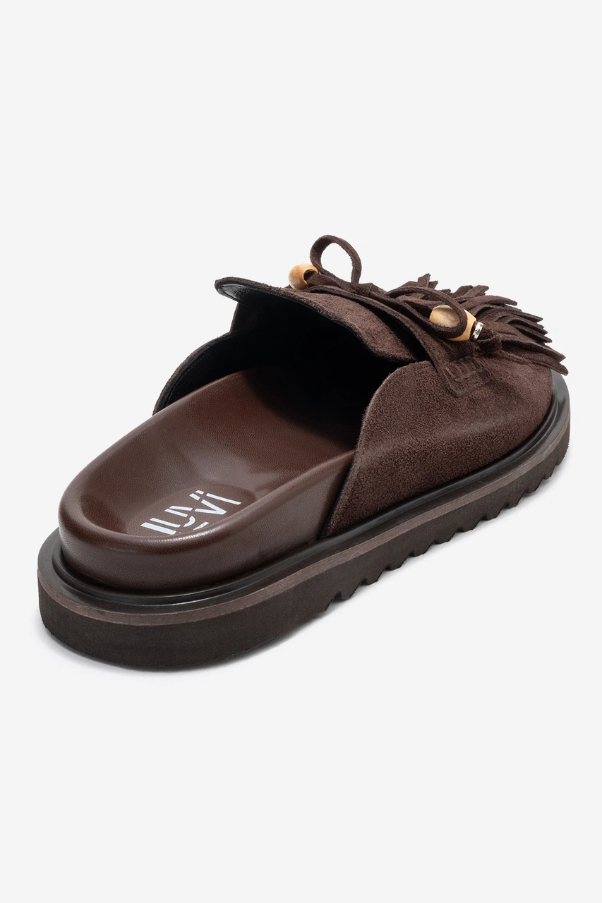 Luvishoes Luvi Shoes Carol Kahverengi Süet Püsküllü Hakiki Deri Kadın Burnu Kapalı Terlik Kahverengi