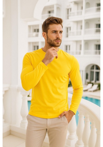 Rich Erkek Uzun Kollu Bisiklet Yaka Tişört - %100 Pamuk Basic Relaxed T-shirt Sarı