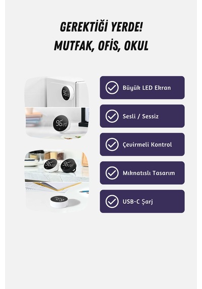 GWORKE Rt-1 Mıknatıslı Zamanlayıcı, Mutfak Kronometresi, Pomodoro, Öğrenci Ders Çalışma Saati - Siyah