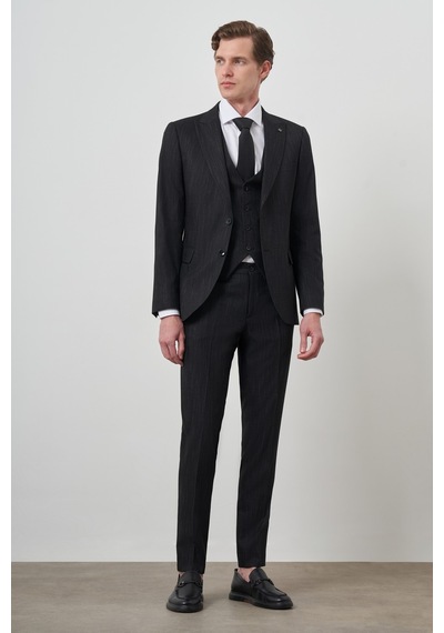 Morven Erkek Siyah Trend Yelekli Slim Fit Sivri Yaka Takım Elbise 25mc001069001 Siyah