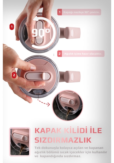 Fika Lumi Patentli Döner Kulplu Sızdırmaz Çift Ağızlıklı Çelik Termos 950 Ml Pembe
