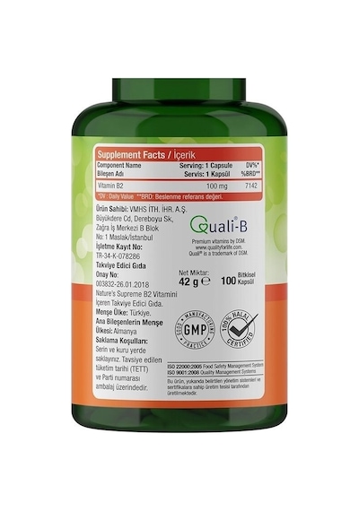 Nature's Supreme Vitamin B2 100 MG 100  Kapsül
