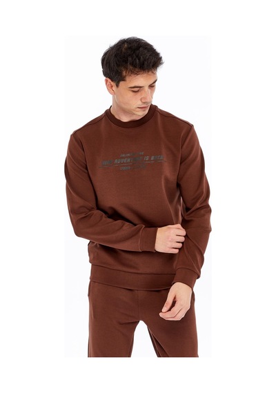AR-MA Arma Erkek Slim Fit Sweatshirt Yazı Baskılı, Scuba Interlok, Bisiklet Yaka, Basic K30124685502 Kahverengi