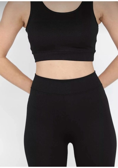Butik Siyah Kadın Kalın Askılı Fitilli Crop Yüksek Bel Sporcu Tayt İkili Takım SiYAH